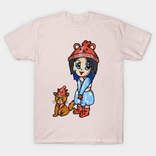 kawaii girl and her cat in matching hats T-Shirt